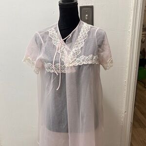 Vintage Elegant Pink Lace Trim Sheer Nightgown